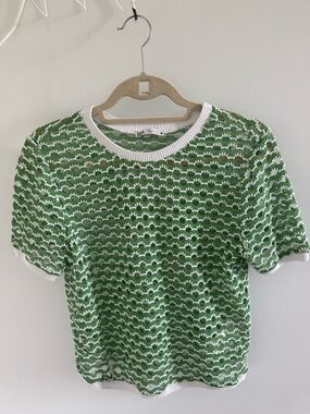Zara Green and White Openwork Knit Top